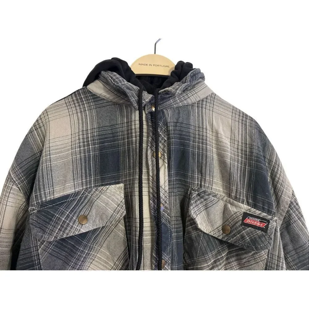 Dickies Relaxed Fit Flannel Hooded Shirt Jacket Black Gray Plaid Pattern 2XL